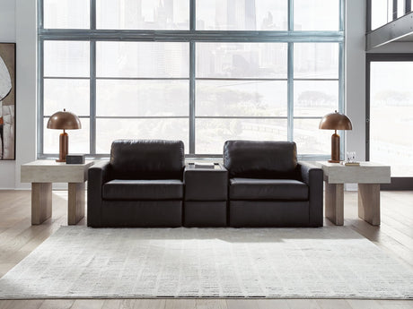Modmax II black leather 3-piece sectional sofa with storage console front view