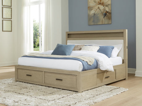 Calmoro Gray King Upholstered Bookcase Storage Bed front view