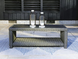 Elite Gray Park Outdoor Loveseat with Coffee Table, front view showing gray resin wicker and cushions