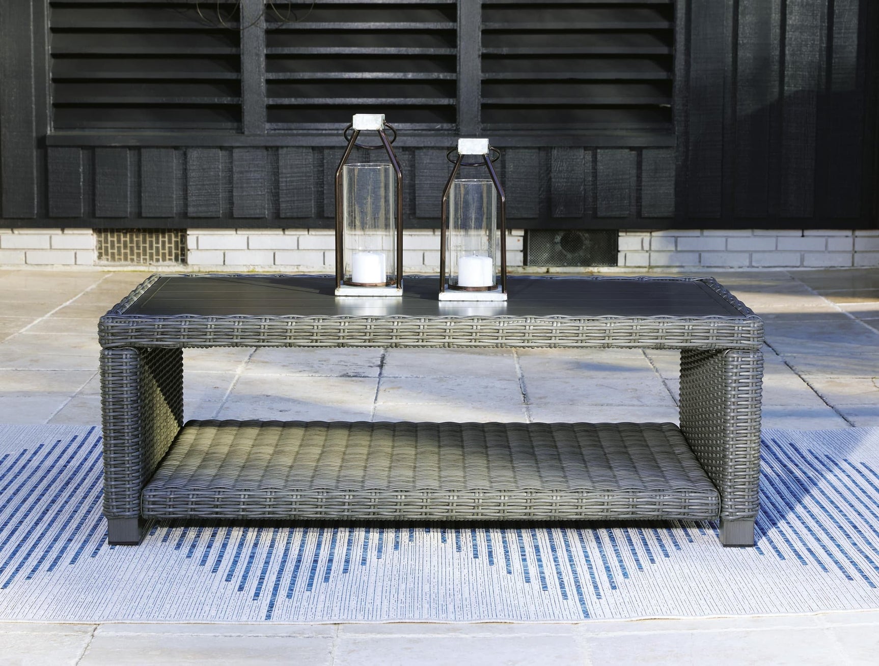 Elite Gray Park Outdoor Loveseat with Coffee Table, front view showing gray resin wicker and cushions