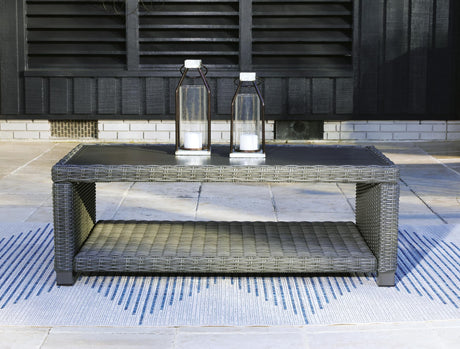 Elite Gray Park Outdoor Loveseat with Coffee Table, front view showing gray resin wicker and cushions