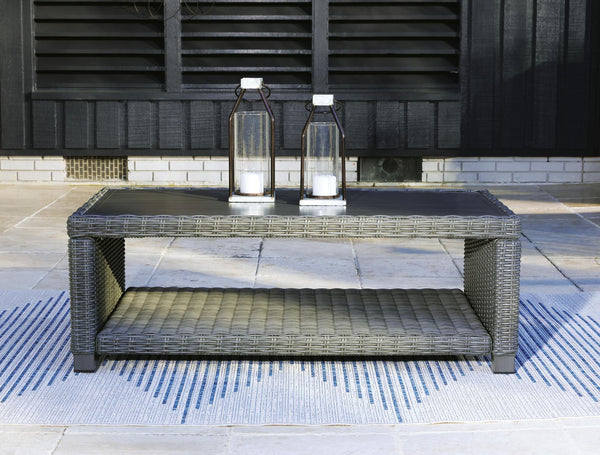Elite Gray Park Outdoor Loveseat with Coffee Table, front view showing gray resin wicker and cushions