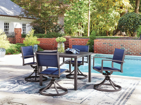 Rocky Gray Creek outdoor dining table and four blue padded sling chairs