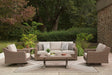 Laguna Beige Heights outdoor sofa and two lounge chairs with coffee and end tables - front view