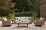 Laguna Beige Heights outdoor sofa and two lounge chairs with coffee and end tables - front view