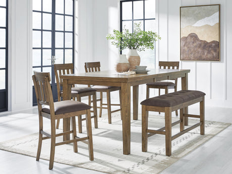 Urbinforte light brown counter height dining table with four barstools and bench