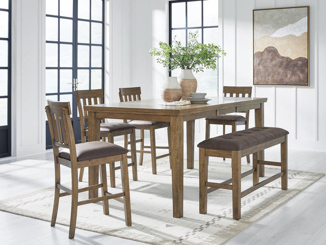 Urbinforte light brown counter height dining table with four barstools and bench