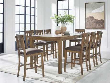 Urbinforte light brown counter height dining table set with 8 barstools front view