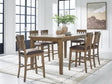Urbinforte counter height dining table with six matching barstools in light brown finish