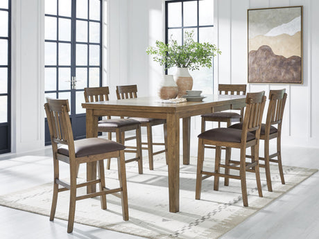 Urbinforte counter height dining table with six matching barstools in light brown finish