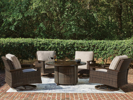 Monterey dark brown resin wicker outdoor fire pit table and four chairs set