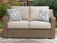 Laguna Beige Heights outdoor sofa and loveseat with coffee table front view