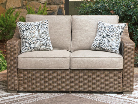 Laguna Beige Heights outdoor sofa and loveseat with coffee table front view