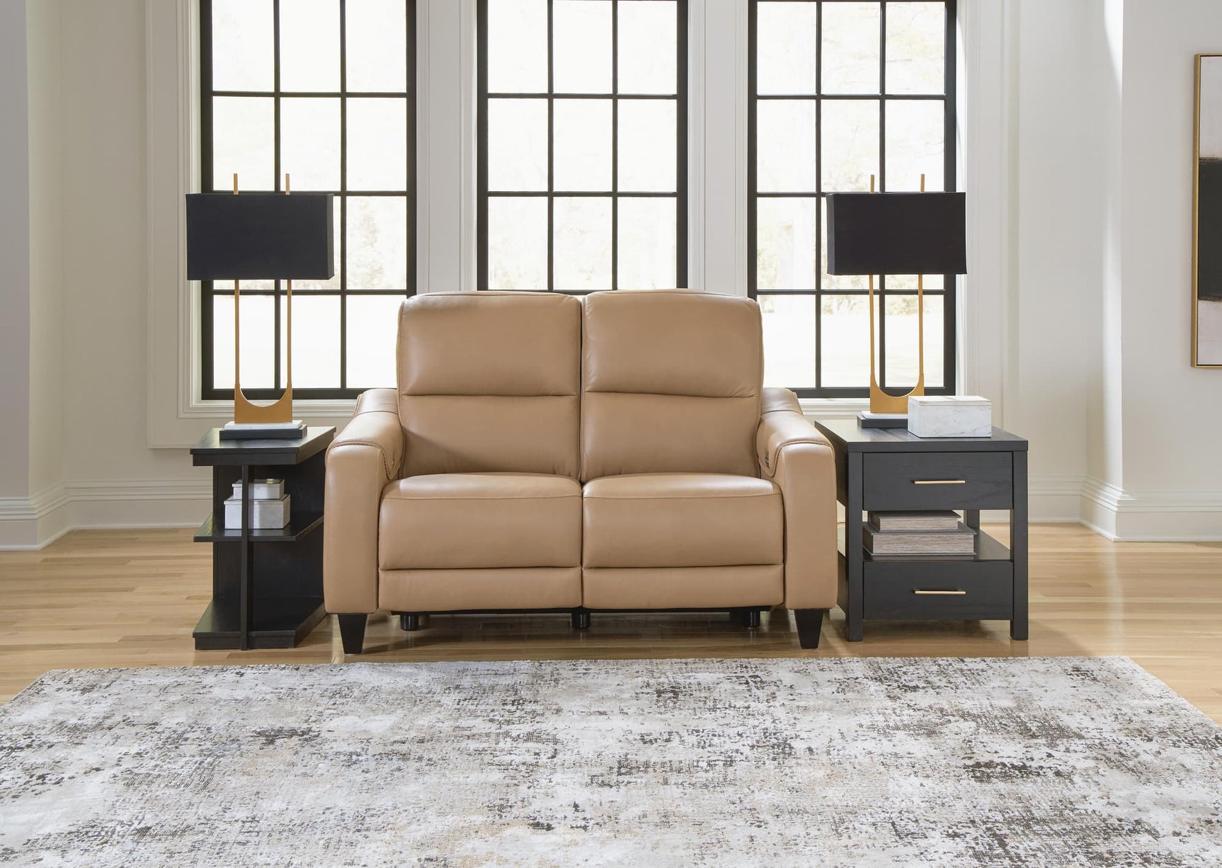 Mosswell Toffee Leather Power Reclining Loveseat front angle
