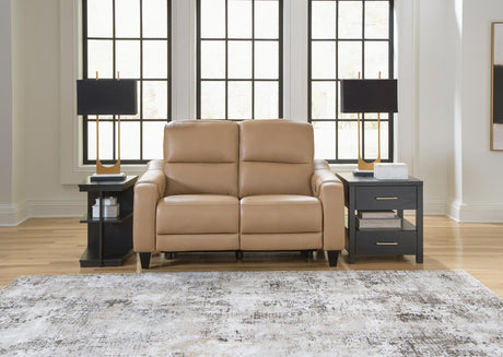 Mosswell Toffee Leather Power Reclining Loveseat front angle