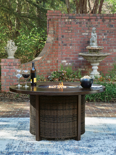 Monterey Point Dark Brown Outdoor Fire Pit Table with burner lit view
