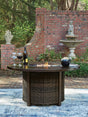 Monterey Point Dark Brown Outdoor Fire Pit Table with burner lit view
