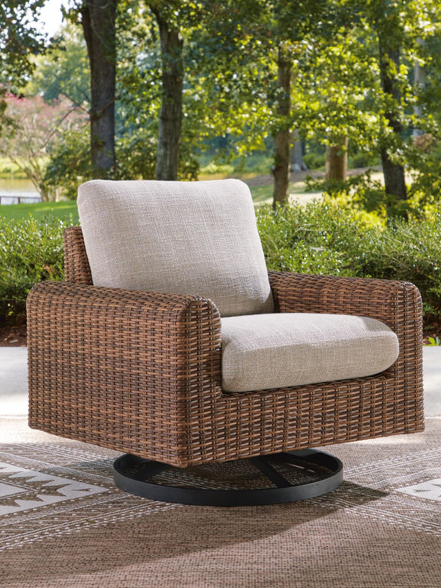 Dolan Creek outdoor swivel lounge chair in gray and brown resin wicker, front angle view