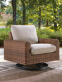 Dolan Creek outdoor swivel lounge chair in gray and brown resin wicker, front angle view
