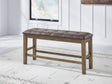 Urbinforte Light Brown Counter Height Dining Bench angled view showing wood frame and cushioned seat