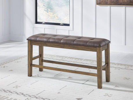 Urbinforte Light Brown Counter Height Dining Bench angled view showing wood frame and cushioned seat
