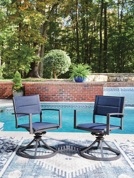 Rocky Creek Blue/Gray Outdoor Sling Swivel Chair set of 2 angled view