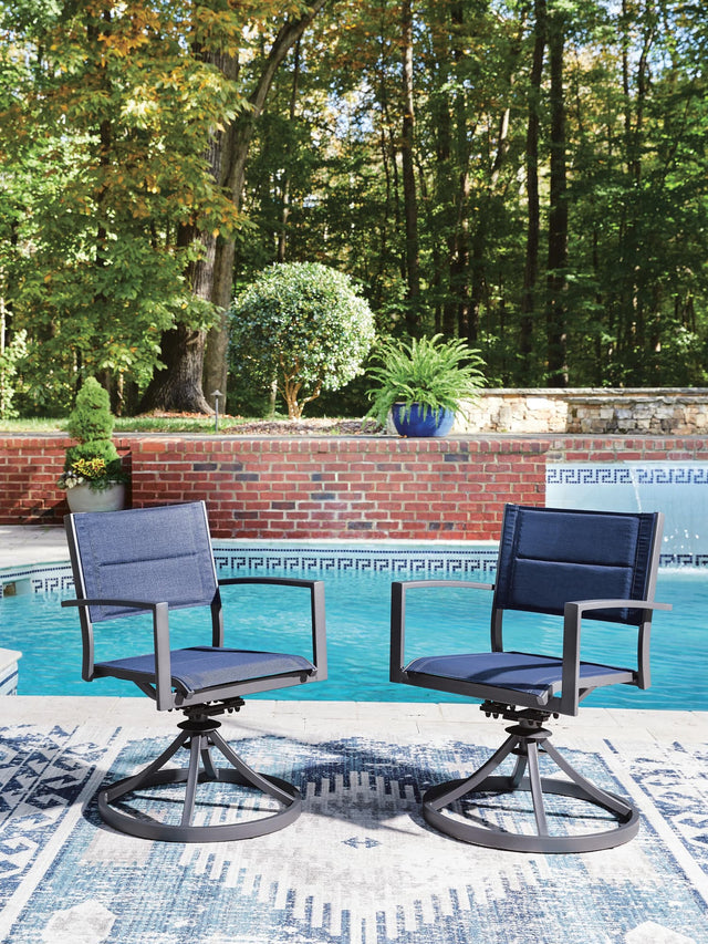 Rocky Creek Blue/Gray Outdoor Sling Swivel Chair set of 2 angled view