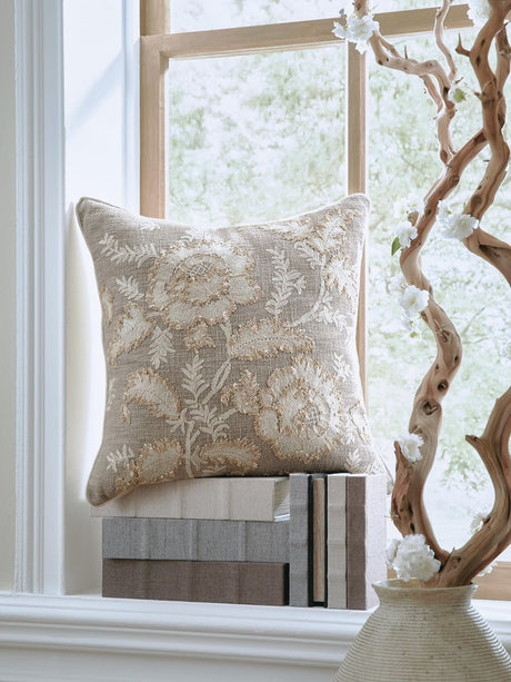 Viveka Brown Beige Pillow embroidered floral design front view