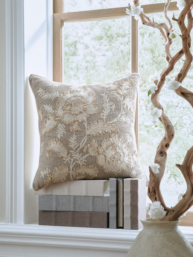 Viveka Brown Beige Pillow embroidered floral design front view
