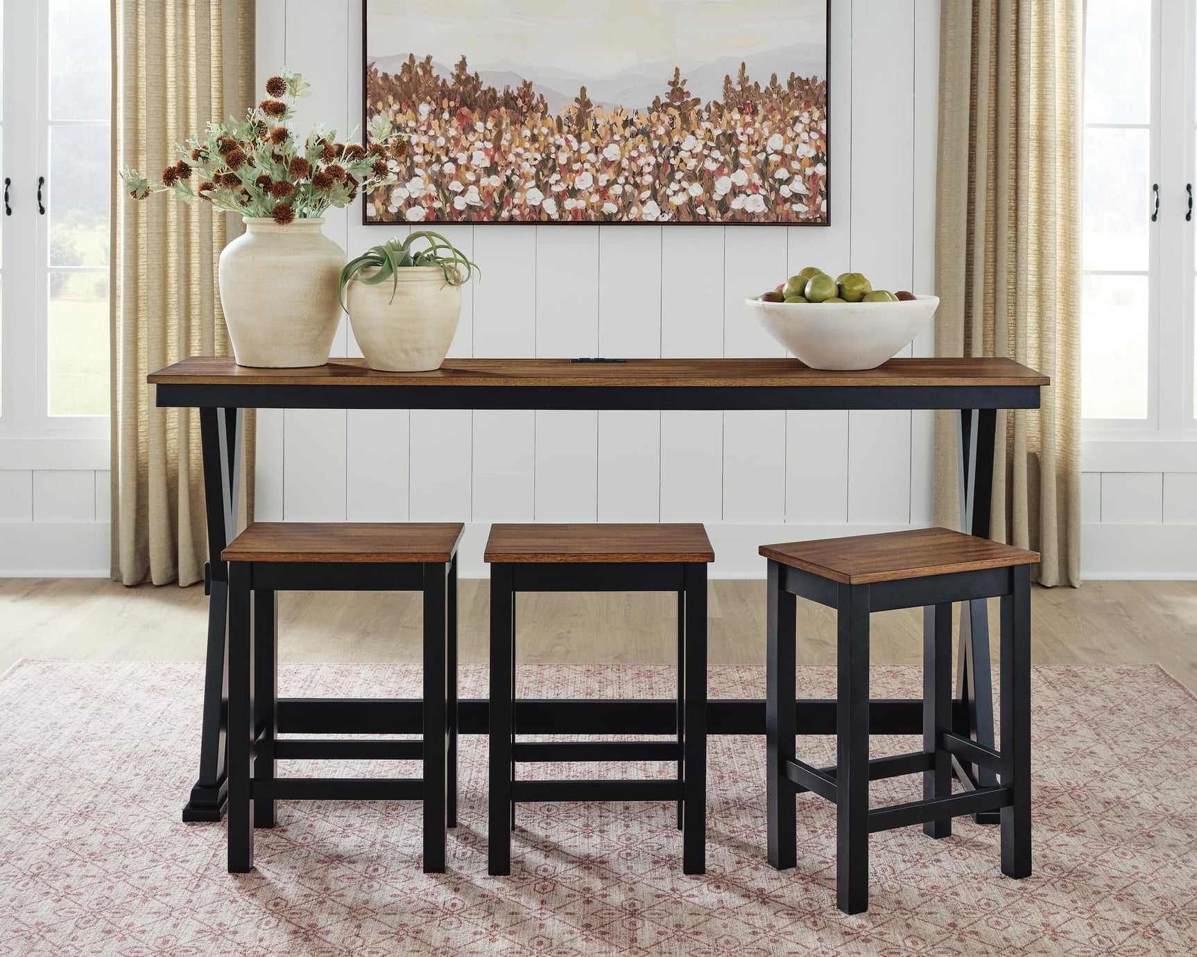 Wildenauer counter height dining table with butcher block style top and black trestle base