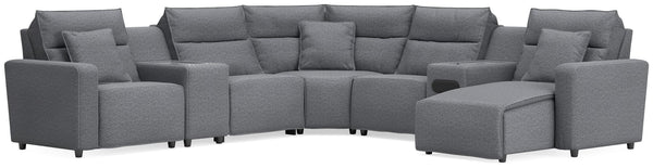 Modmax II Salt and Pepper 7-Piece Power Reclining Sectional with Chaise and Audio System front view