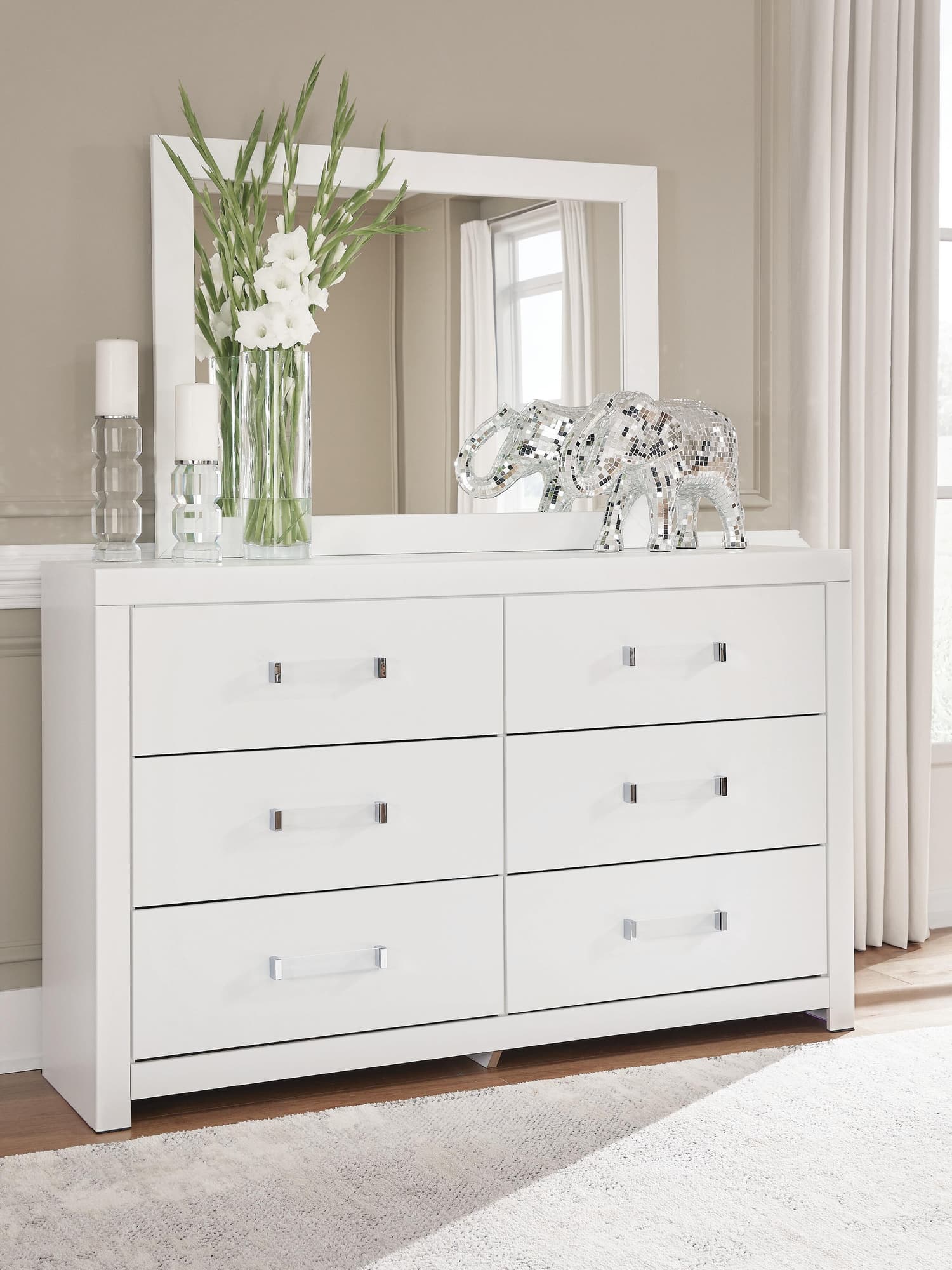 Maeling White Dresser and Mirror front view