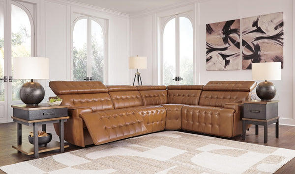 Temmpton chocolate leather 4-piece power reclining sectional front view
