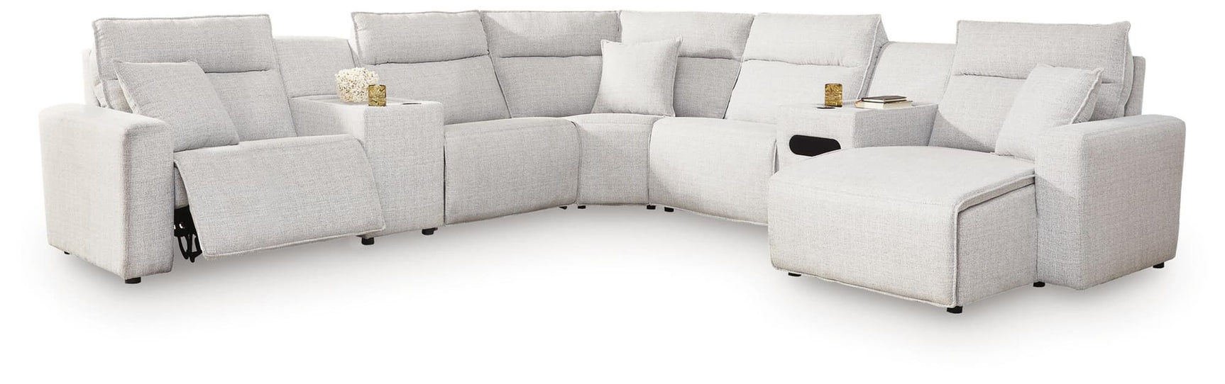 Modmax II Stone 7-Piece Power Reclining Sectional with Chaise and Audio Console front view