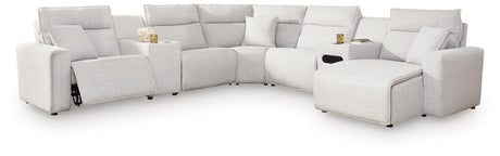 Modmax II Stone 7-Piece Power Reclining Sectional with Chaise and Audio Console front view