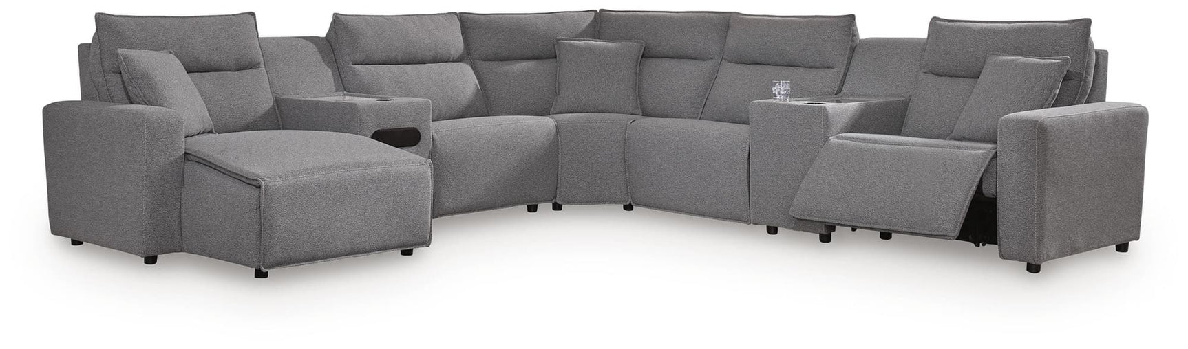 Modmax II Salt and Pepper 7-Piece Power Reclining Sectional with Chaise and Audio Console front view