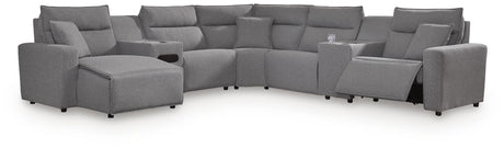 Modmax II Salt and Pepper 7-Piece Power Reclining Sectional with Chaise and Audio Console front view