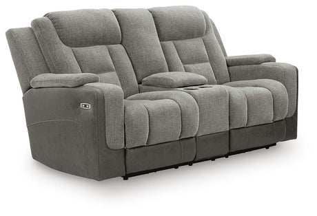 Mixed Motion Shadow Chenille / Faux Leather Power Reclining Loveseat with Console — angled view