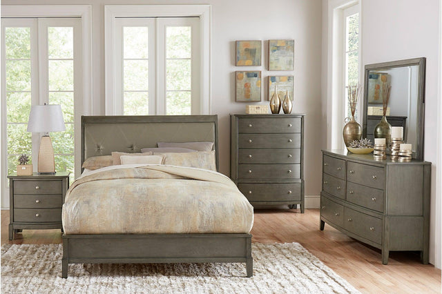 main view of Cotterill gray tufted faux leather king bedroom set bed