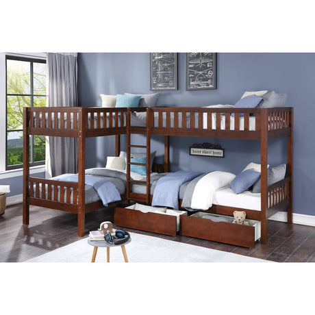 Rowe Dark Cherry Corner Bunk Bed with Storage Boxes overall full view