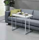 Dani rectangular snack table front view with white glossy tabletop and chrome metal base