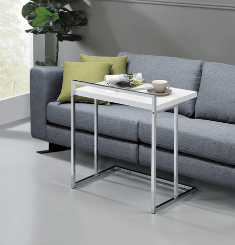 Dani rectangular snack table front view with white glossy tabletop and chrome metal base