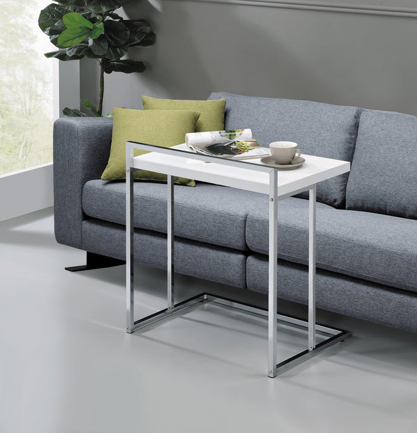 Dani rectangular snack table front view with white glossy tabletop and chrome metal base