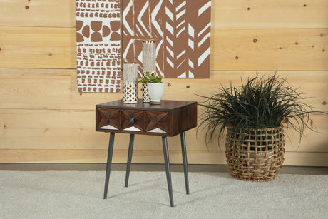 Ezra Accent Cabinet with dark mango wood and tapered iron legs, front view