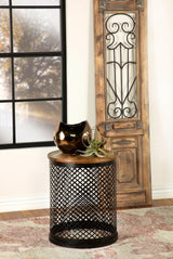 Aurora Round Accent Table natural mango wood top and black iron drum base front angle