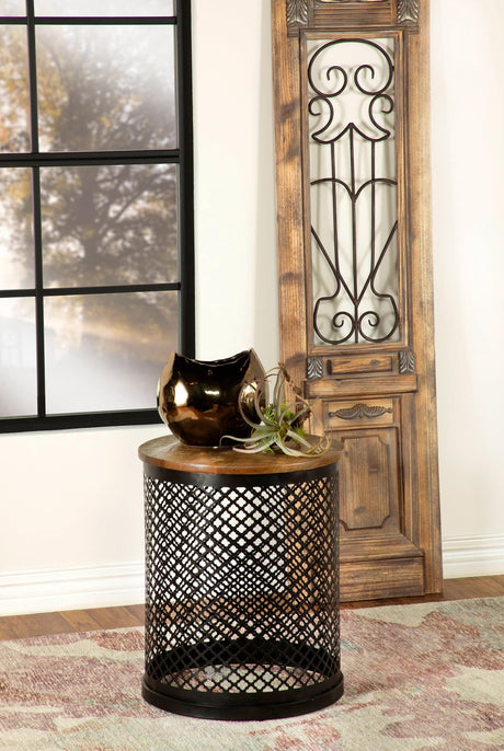 Aurora Round Accent Table natural mango wood top and black iron drum base front angle