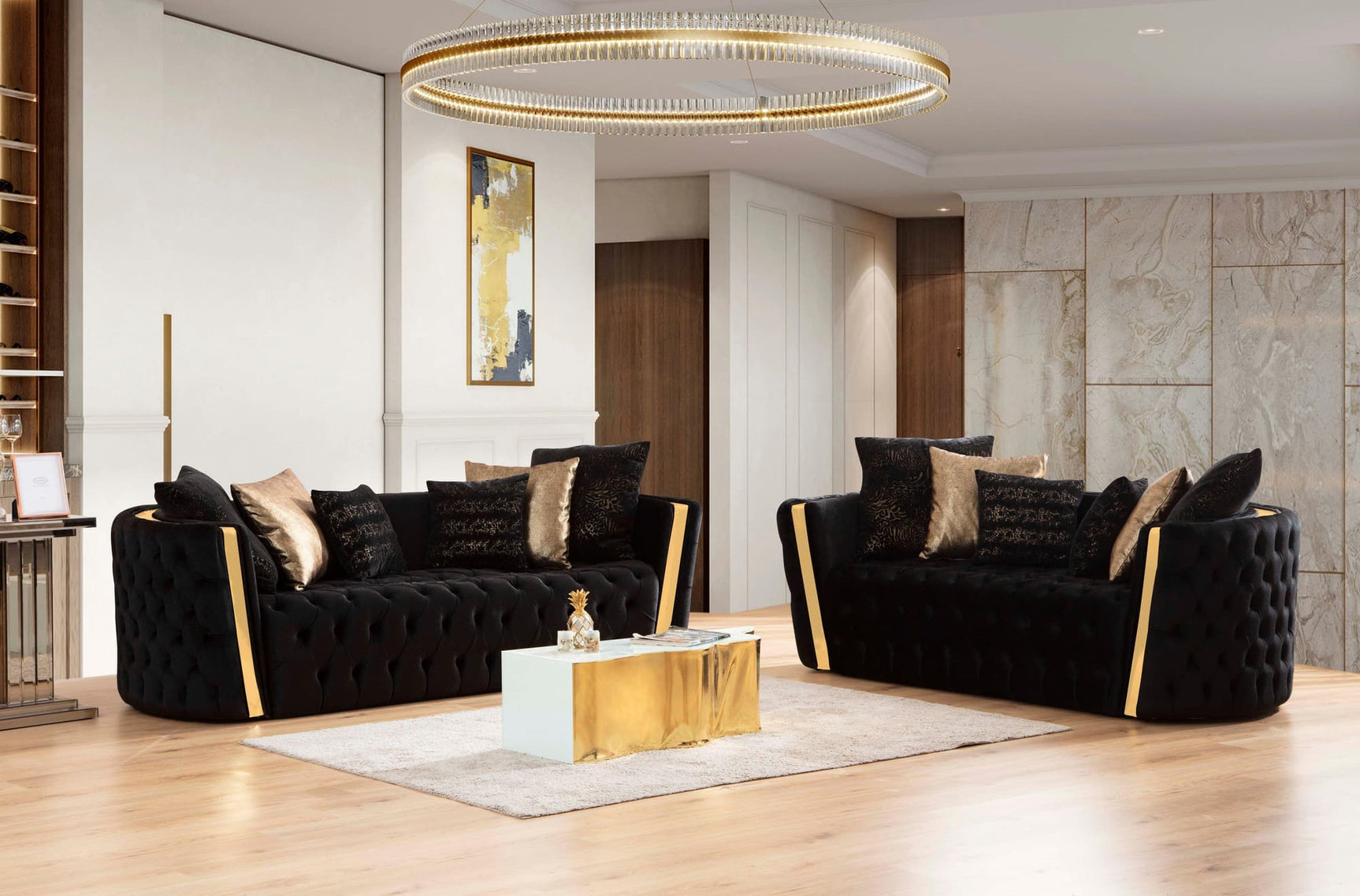 Main view of Sofia Black Velvet Sofa and Loveseat set
