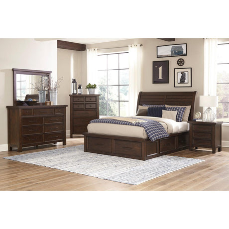 Side view of Logandale Brown Mango Veneer Queen Sleigh Bed