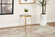 Eliska round accent table with green marble top and antique gold base, angled front view
