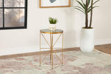 Eliska round accent table with green marble top and antique gold base, angled front view